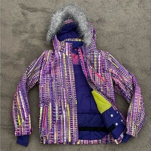 Spyder Multicolor Kids Puffer Ski Jacket with Faux Fur Hood